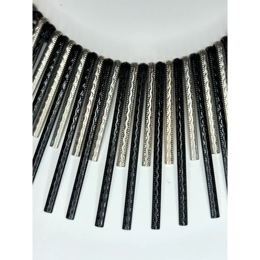 Bar Fringe Statement Necklace Modern Geometric Black Silver Tone 20